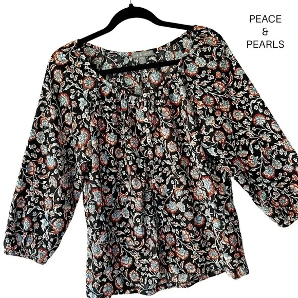 PEACE & PEARLS NWOT FLORAL BOHO PEASANT BLOUSE BUTTON FRONT | SIZE: SMALL - Picture 1 of 9